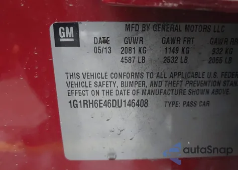 2013 Chevrolet Volt z USA, uszkodzony, nr VIN 1G1RH6E46DU146408